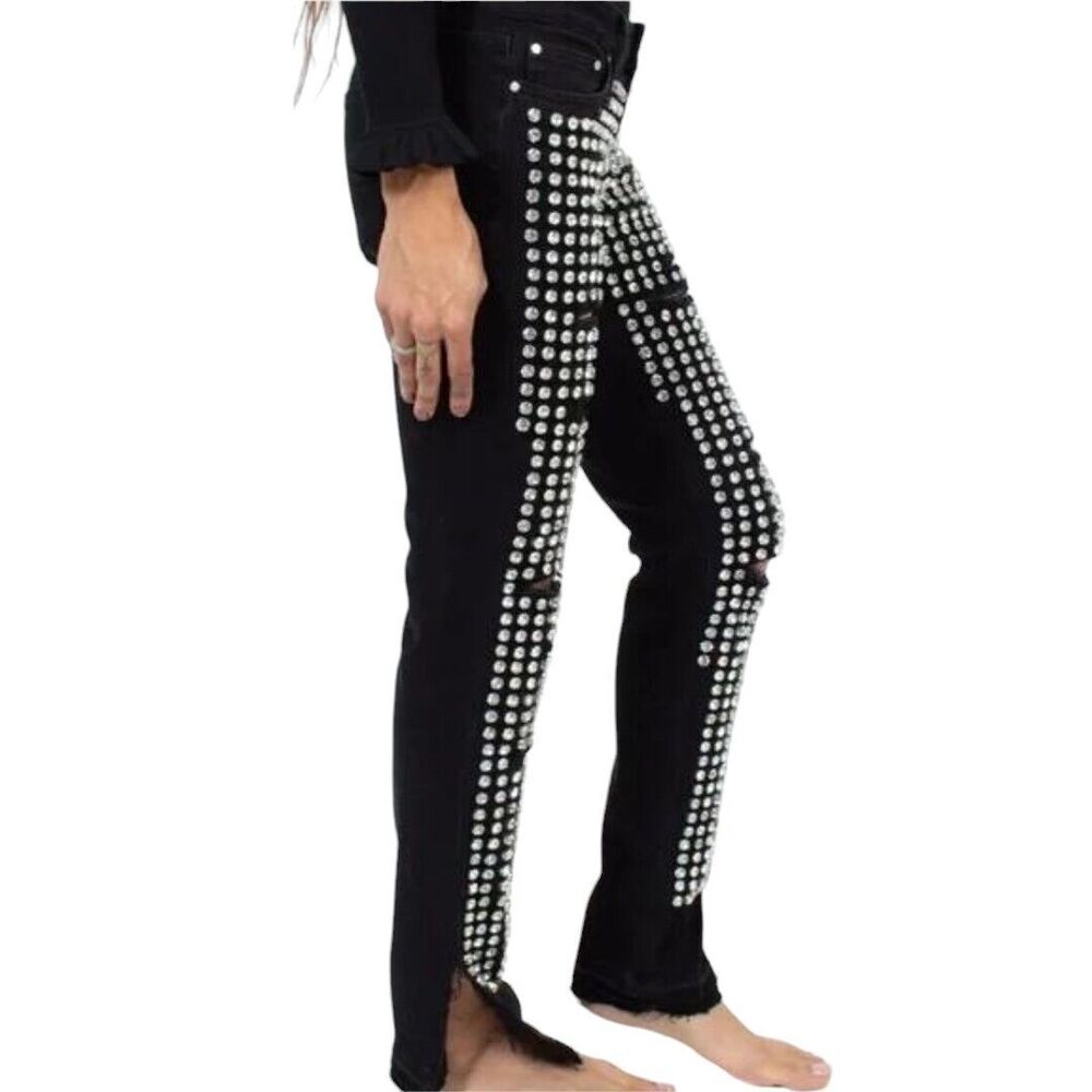 Michael Kors Jeans Womens Size 2 Black Denim Rhinestones Distressed Rocker Glam‎ - Picture 2 of 11